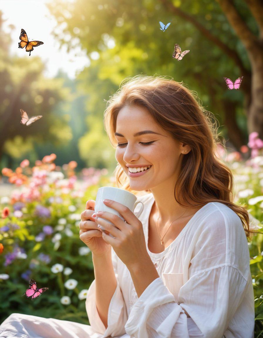 A serene scene depicting a person joyfully sipping coffee in a sunlit park, surrounded by blooming flowers and playful butterflies. The smile on their face radiates warmth, symbolizing fleeting moments of happiness. A soft-focus background captures people enjoying various small experiences like reading, picnicking, and laughing. The atmosphere conveys a sense of peace and bliss. vibrant colors. soft focus. painting.