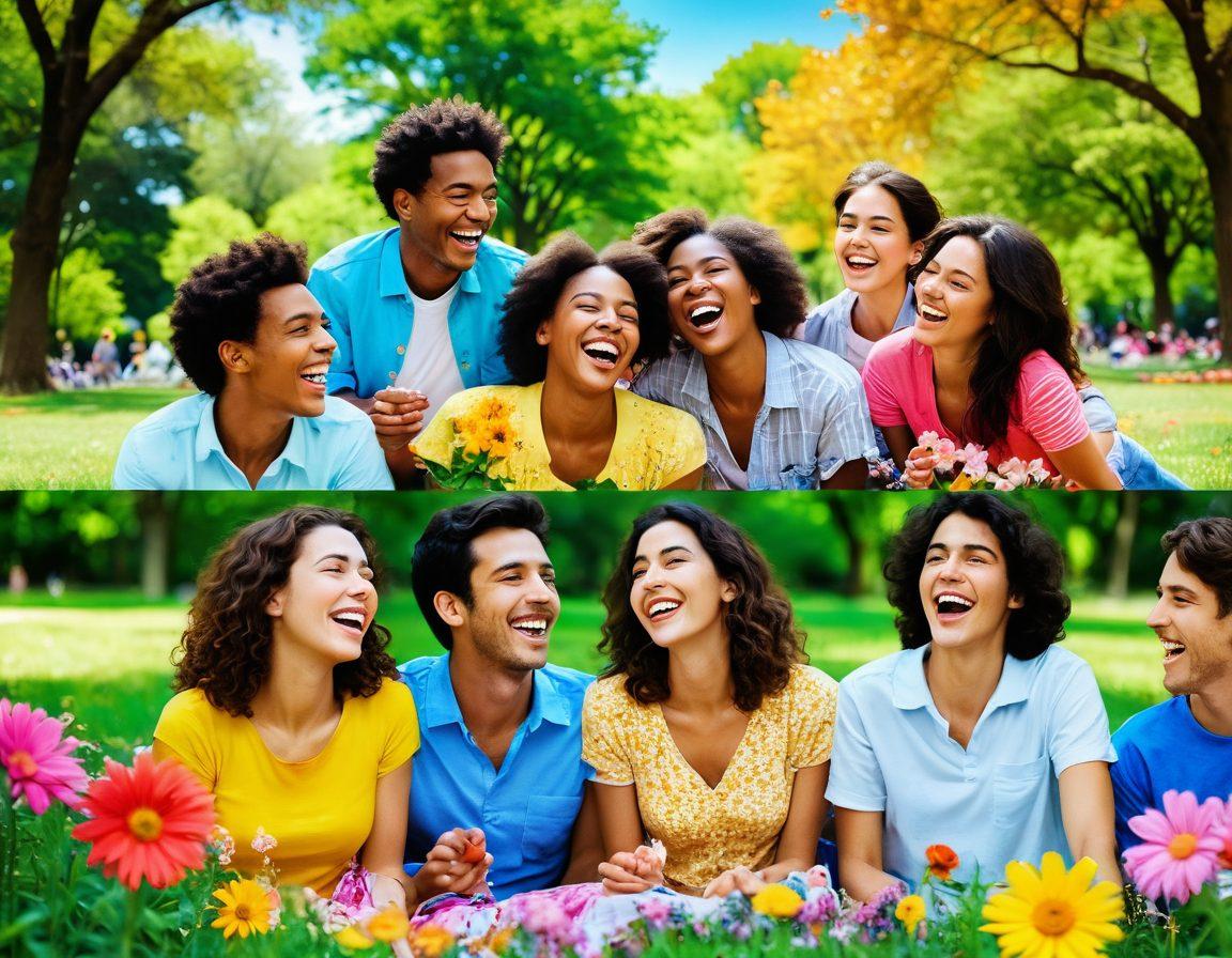 A vibrant collage of spontaneous moments capturing laughter, friends sharing joyful snippets, and colorful snapshots in a park. Incorporate elements of nature, like blooming flowers and sunshine, to represent happiness. Add diverse people engaged in playful activities, radiating energy and joy. The overall vibe should be warm, inviting, and filled with color. super-realistic. vibrant colors. soft focus.
