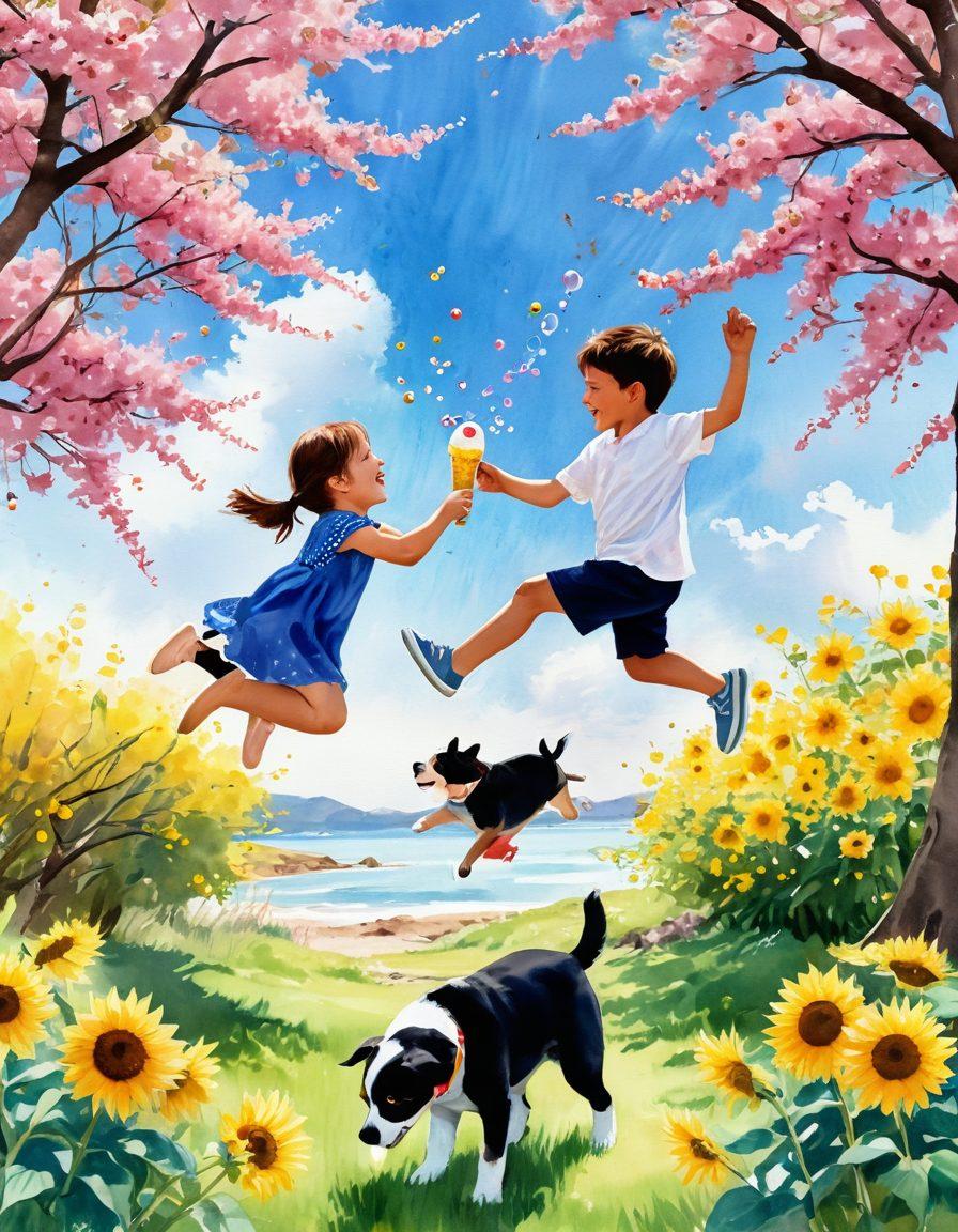A collage of fleeting joyful moments: a child laughing as they chase bubbles, a couple sharing a gentle kiss under a blooming cherry blossom tree, a playful puppy jumping through a field of sunflowers, and friends sharing ice cream by the beach. The colors should be bright and cheerful, evoking a sense of warmth and happiness. watercolor painting style. vibrant colors. soft focus.